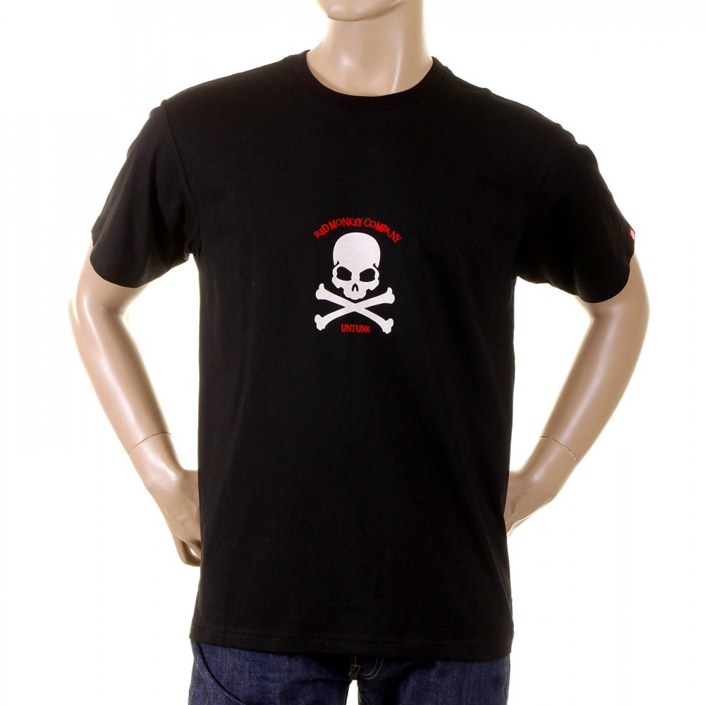 Black Regular Fit Short Sleeve Crew Neck T-Shirt with White Skull and Crossbones Flock Print