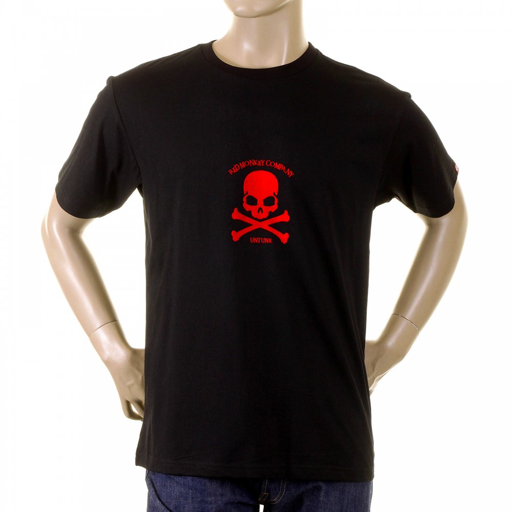 Black Crew Neck Short Sleeve Regular Fit T-shirt with Red Skull and Crossbones Flock Print