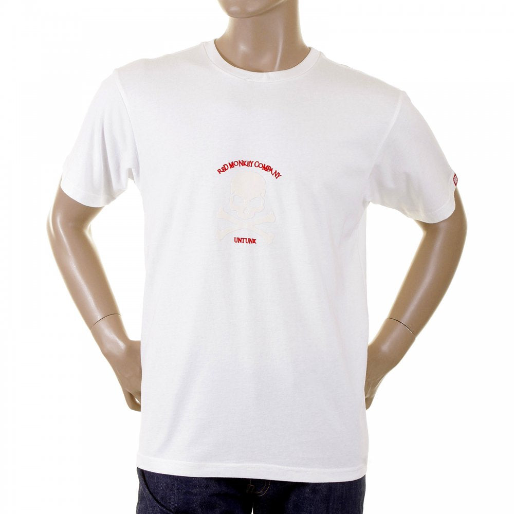 White Crew Neck Short Sleeve Regular Fit T Shirt with Large Ivory Skull and Crossbones Flock Print