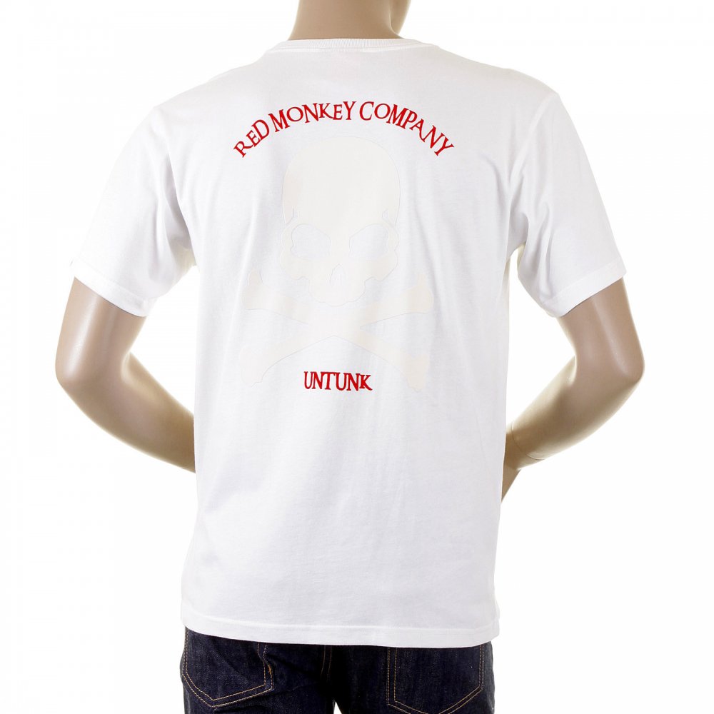 White Crew Neck Short Sleeve Regular Fit T Shirt with Large Ivory Skull and Crossbones Flock Print