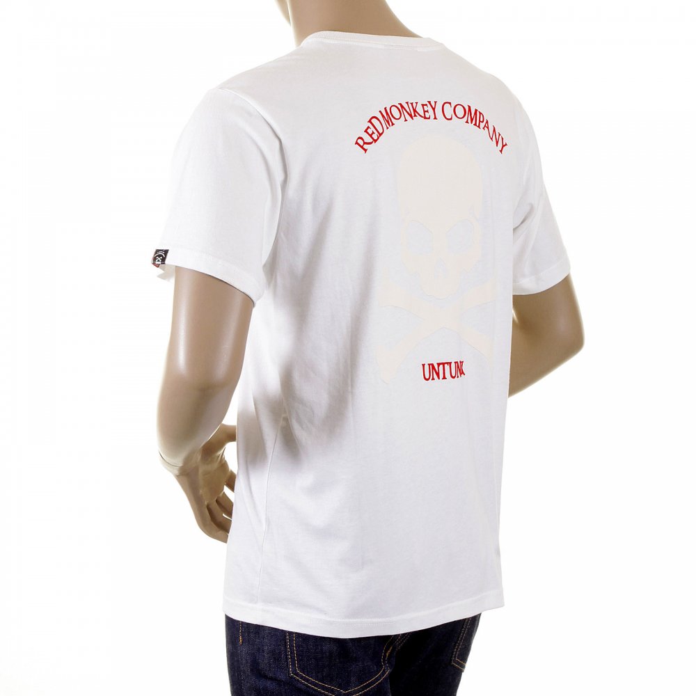 White Crew Neck Short Sleeve Regular Fit T Shirt with Large Ivory Skull and Crossbones Flock Print