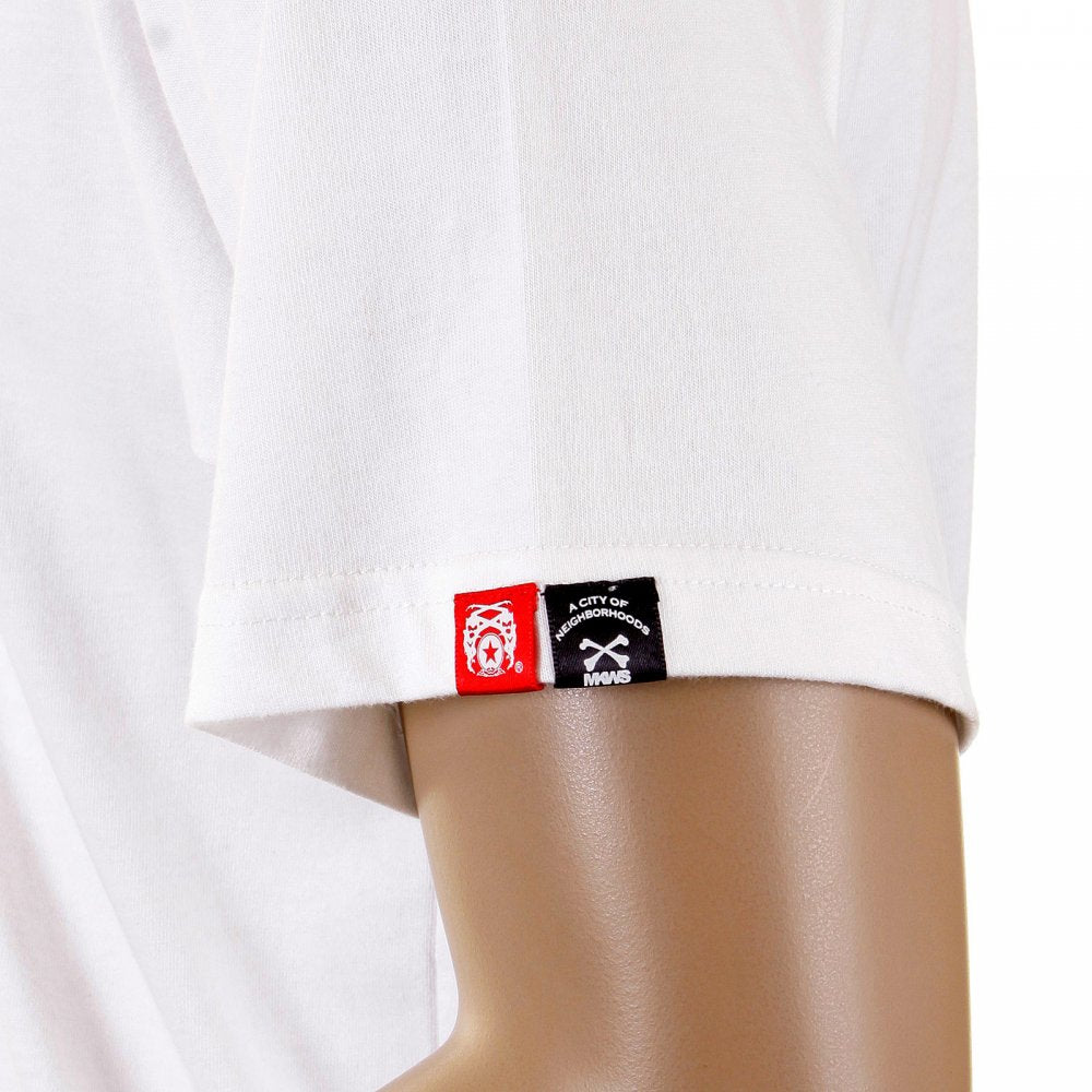 White Crew Neck Short Sleeve Regular Fit T Shirt with Large Ivory Skull and Crossbones Flock Print
