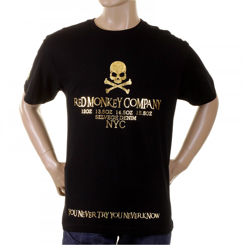 Black Crew Neck Short Sleeve Regular Fit T-Shirt with Gold Foil Printed Skull and Cross Bones