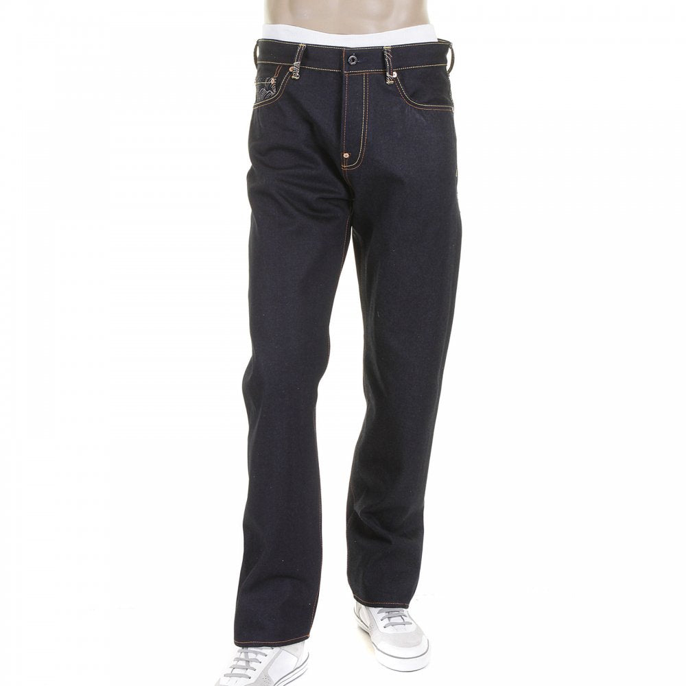 Slim Cut Dark Indigo Raw Denim Jeans with Super Exclusive Design