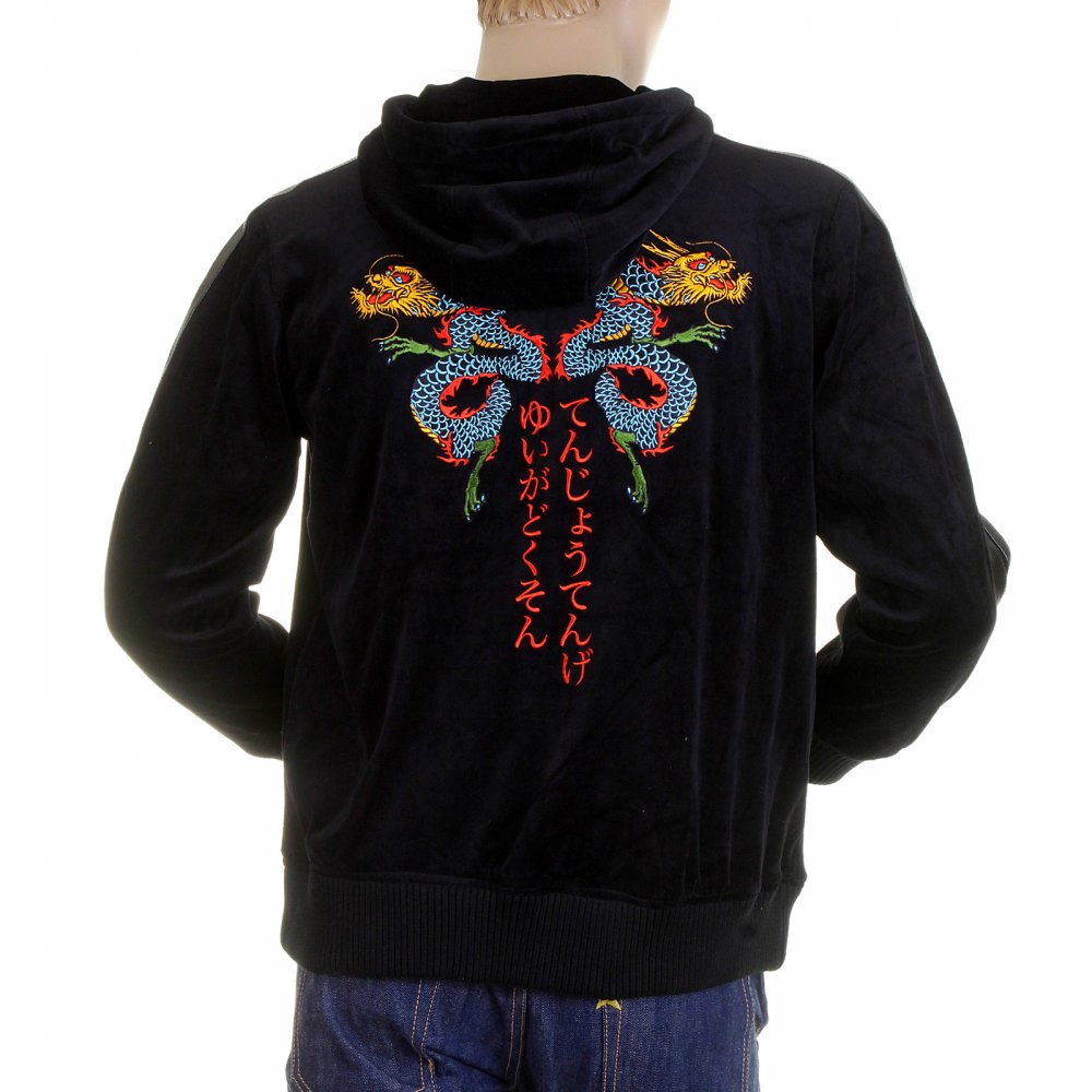 Black Hooded Zip up Regular Fit Jacket with Embroidered Empire Dragon