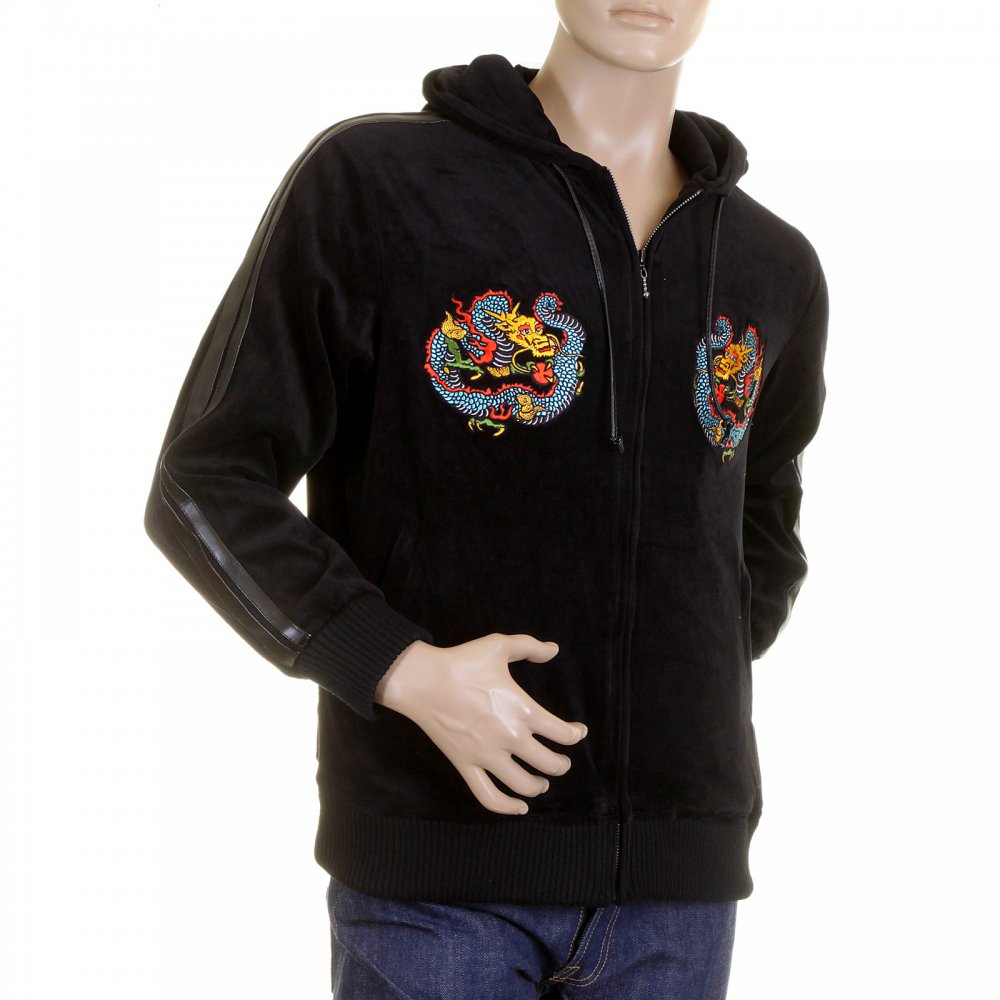 Black Hooded Zip up Regular Fit Jacket with Embroidered Empire Dragon