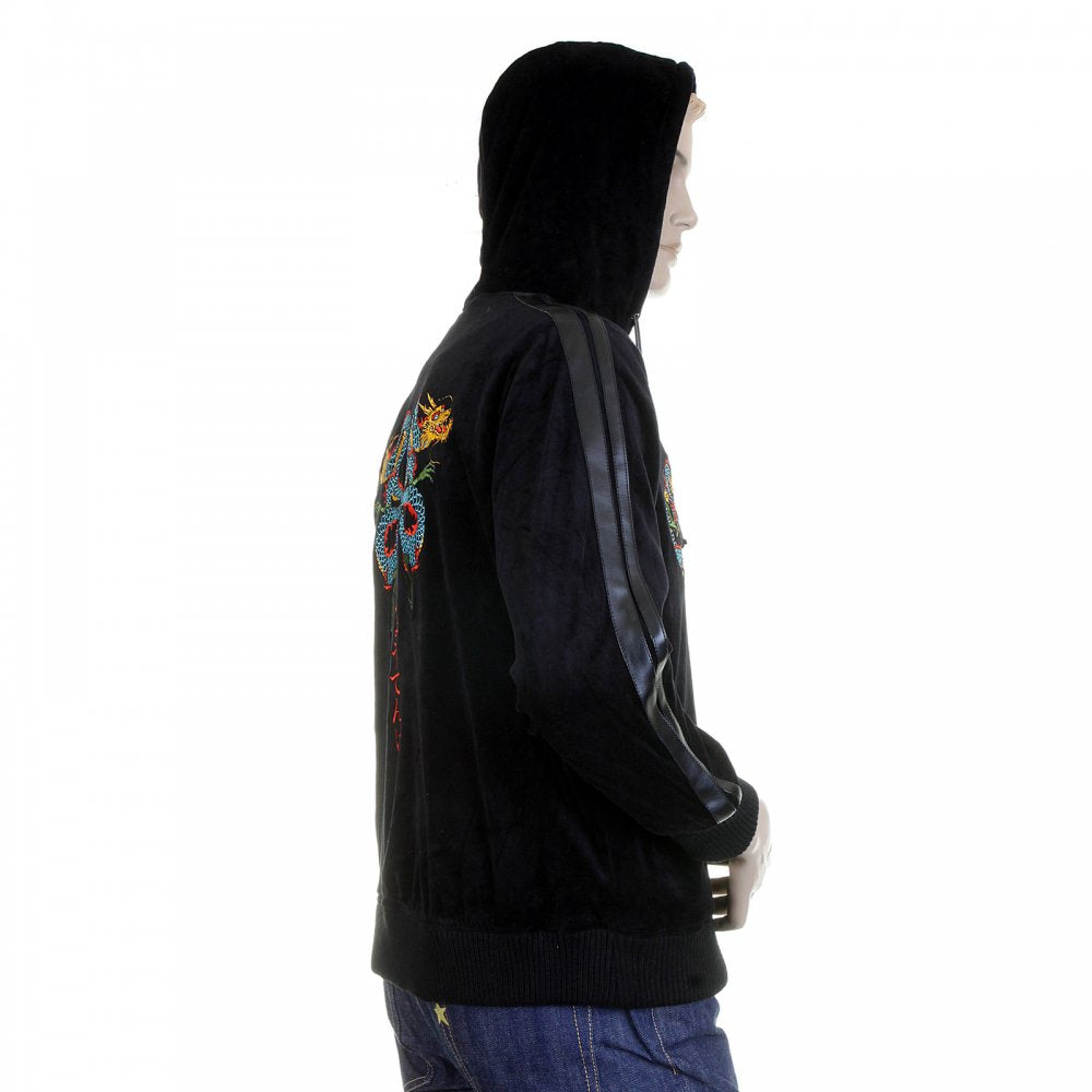 Black Hooded Zip up Regular Fit Jacket with Embroidered Empire Dragon