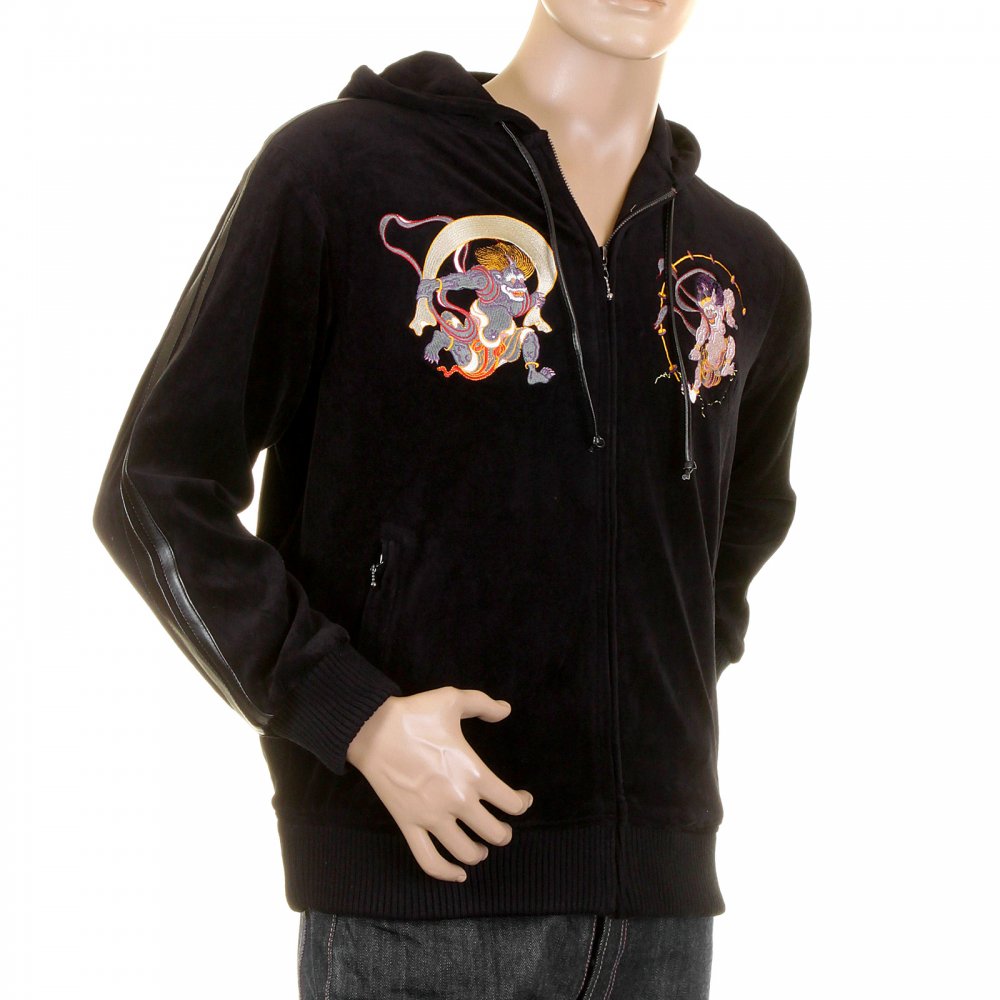 Mens Velvet Black Hooded Zip up Regular Fit Jacket with Fuiji and Raiji Embroidery