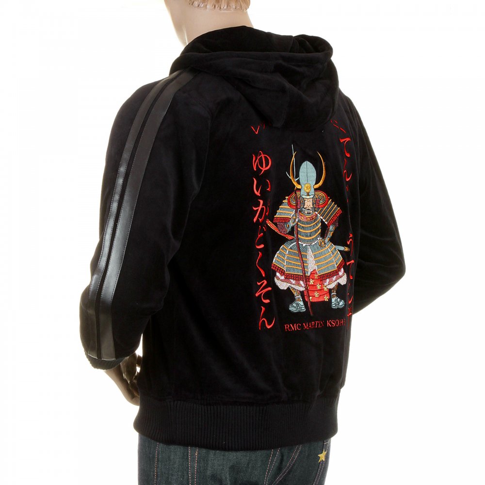 Mens Velvet Black Hooded Zip up Regular Fit Jacket with Fuiji and Raiji Embroidery