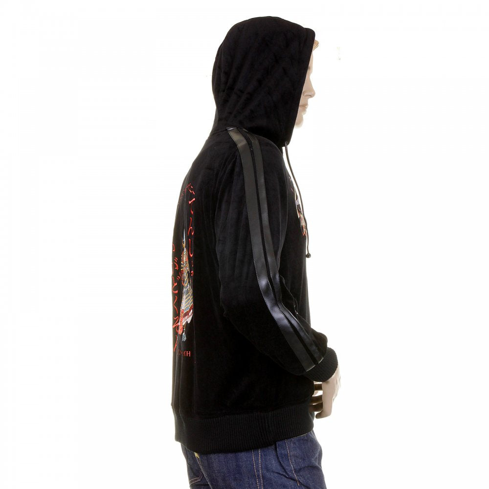 Mens Velvet Black Hooded Zip up Regular Fit Jacket with Fuiji and Raiji Embroidery