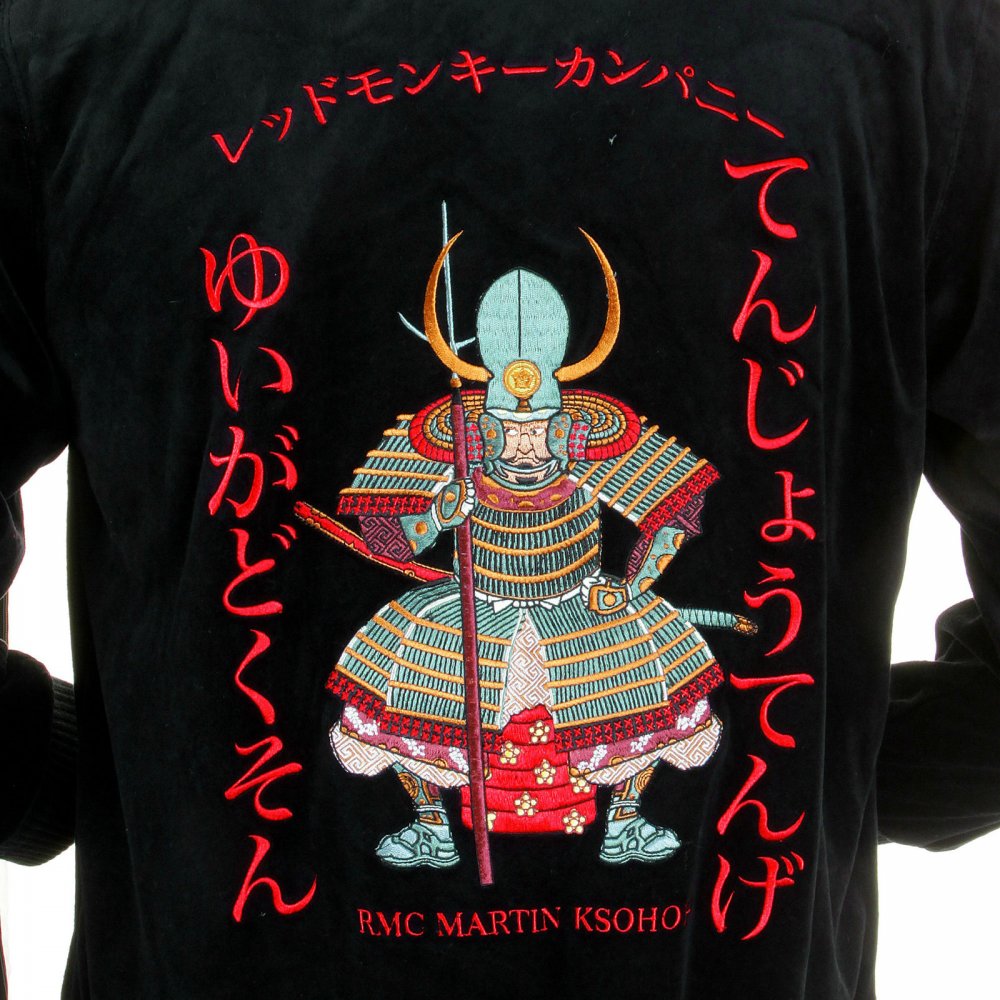 Mens Velvet Black Hooded Zip up Regular Fit Jacket with Fuiji and Raiji Embroidery