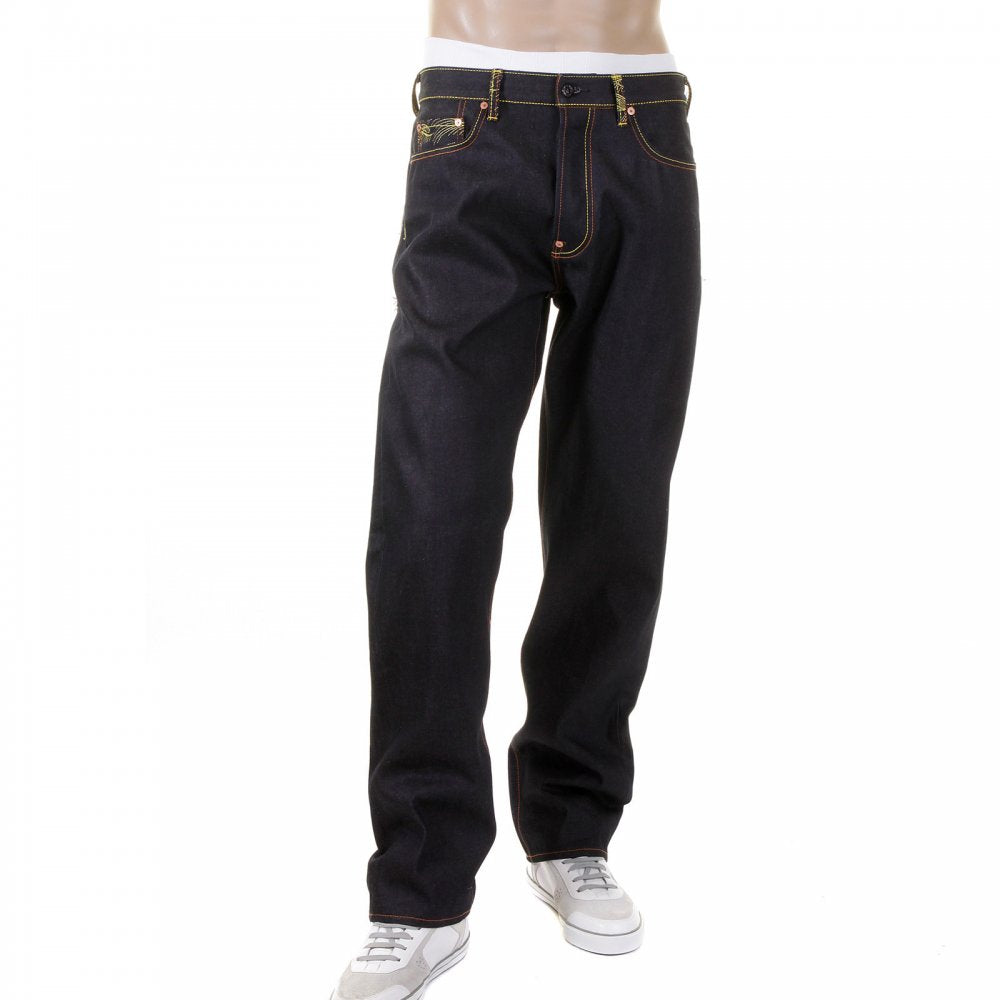Slim Cut Dark Indigo Raw Denim Jeans for Men