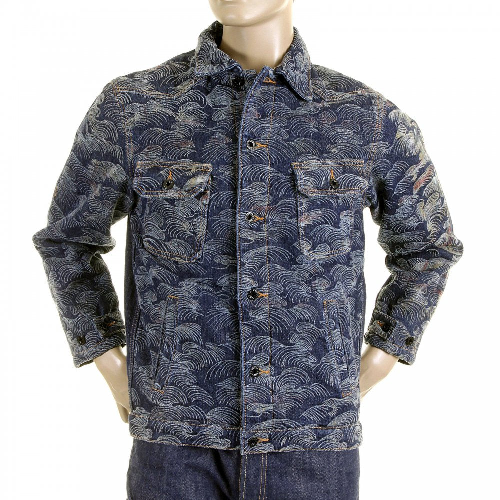 Embroidered Flocked Front Signature Tsunami Wave Regular Fit Denim Jacket