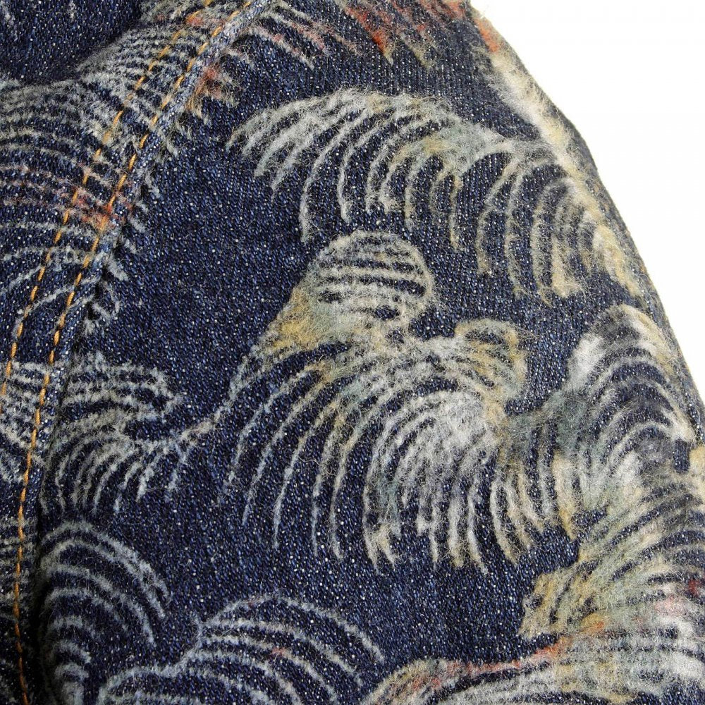 Embroidered Flocked Front Signature Tsunami Wave Regular Fit Denim Jacket