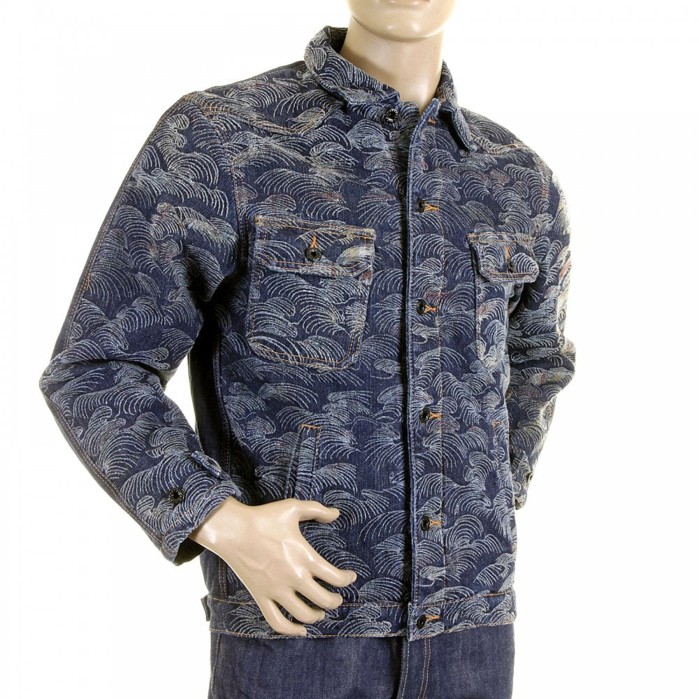 Embroidered Flocked Front Signature Tsunami Wave Regular Fit Denim Jacket