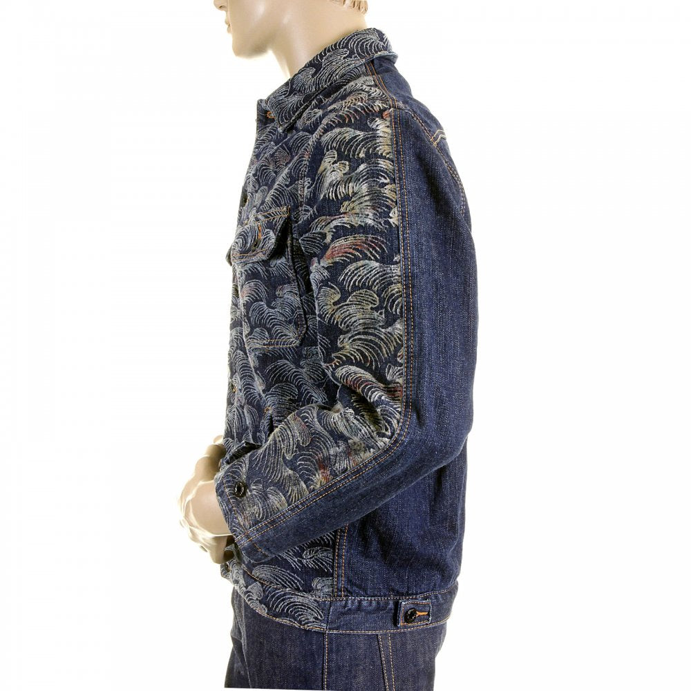 Embroidered Flocked Front Signature Tsunami Wave Regular Fit Denim Jacket