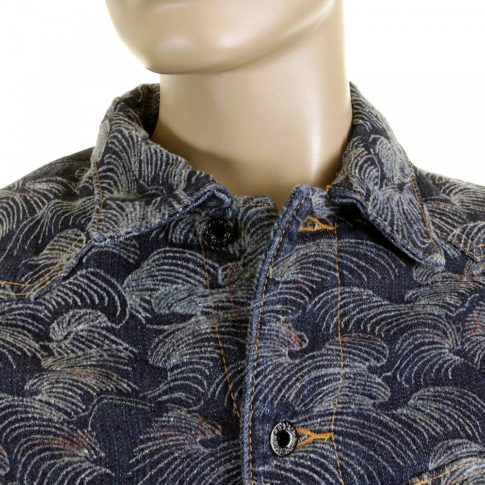 Embroidered Flocked Front Signature Tsunami Wave Regular Fit Denim Jacket