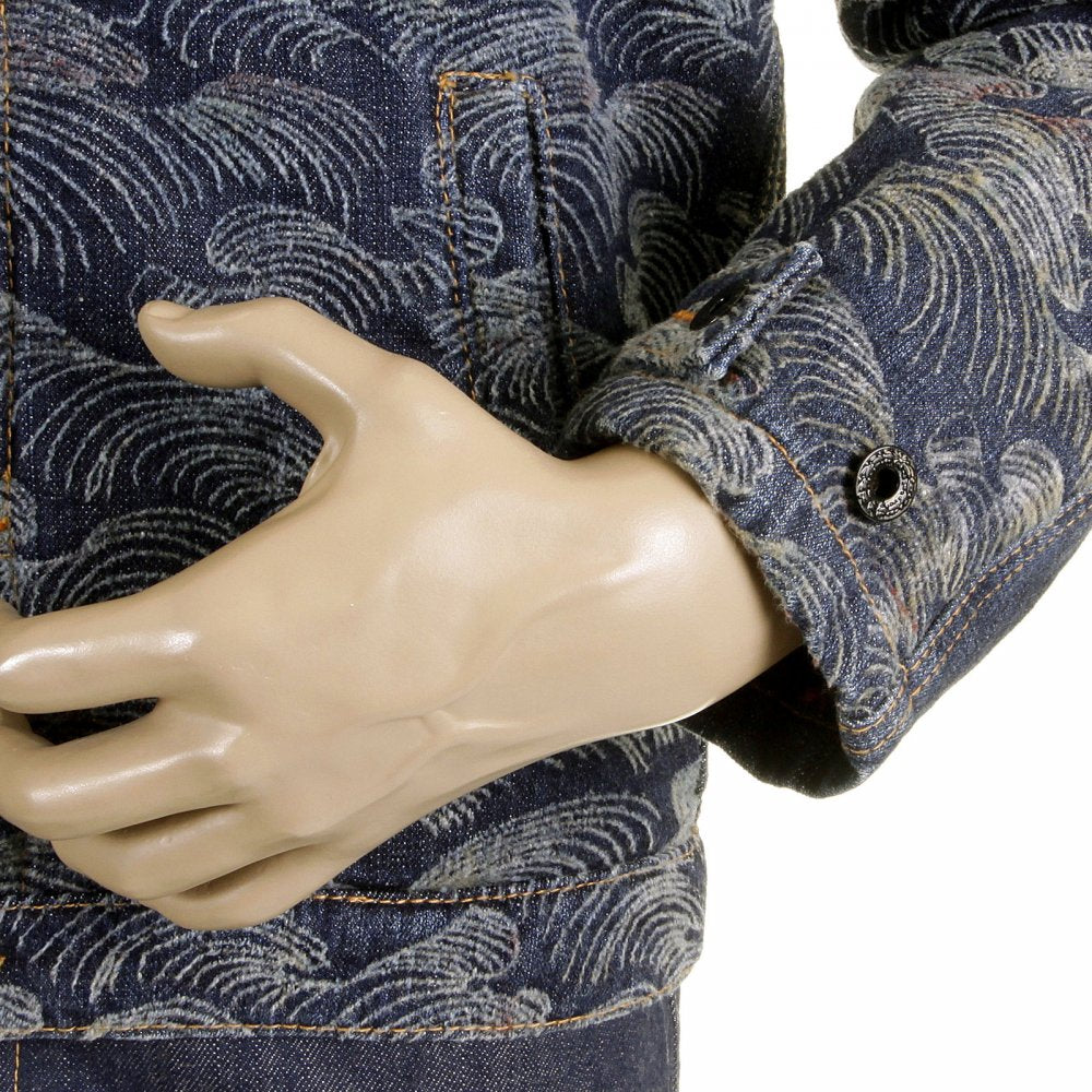 Embroidered Flocked Front Signature Tsunami Wave Regular Fit Denim Jacket