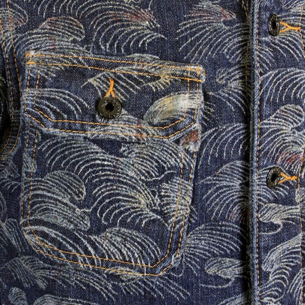 Embroidered Flocked Front Signature Tsunami Wave Regular Fit Denim Jacket