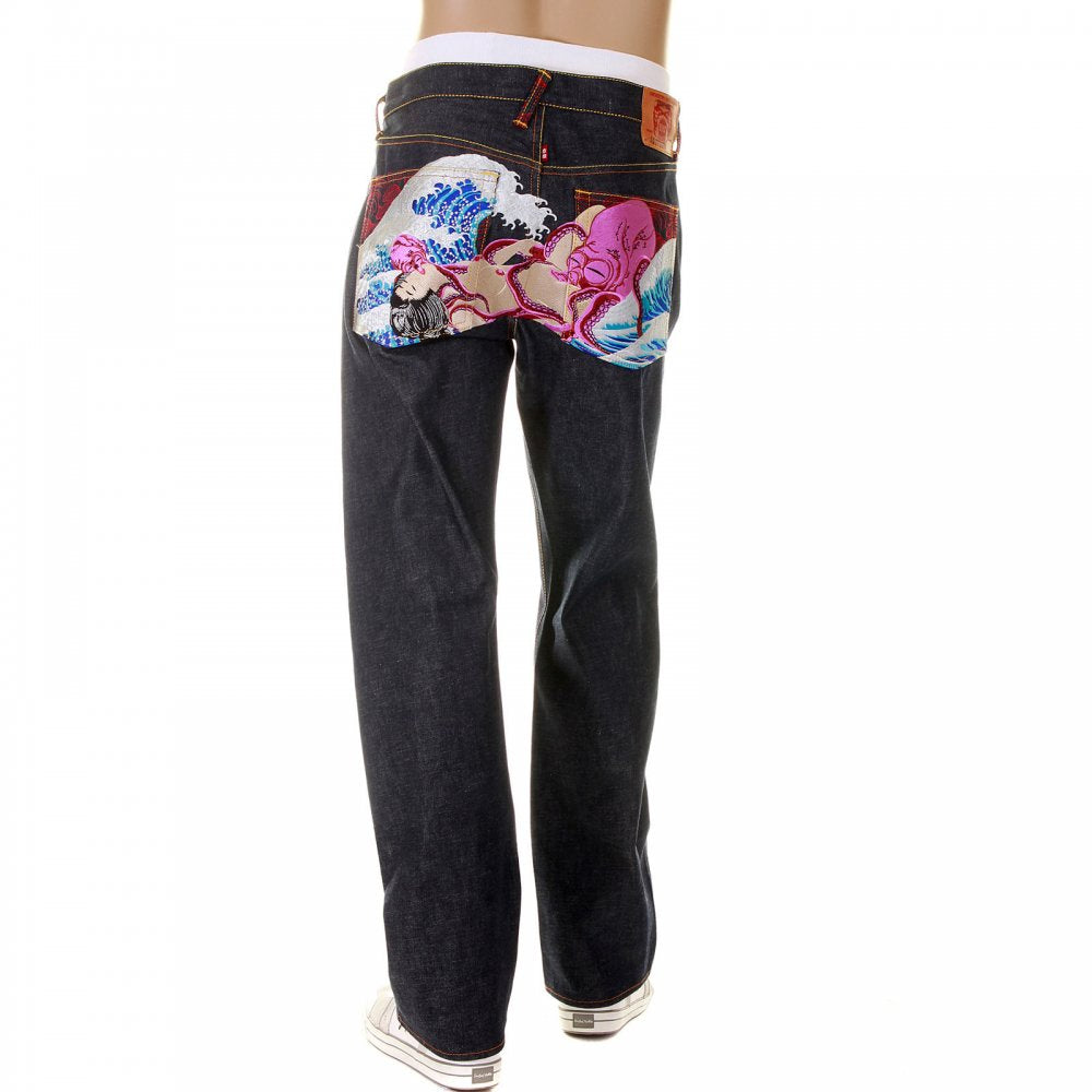 Octopus Embroidered Vintage Cut Dark Indigo Raw Denim Jeans