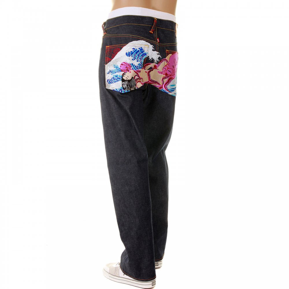 Octopus Embroidered Vintage Cut Dark Indigo Raw Denim Jeans