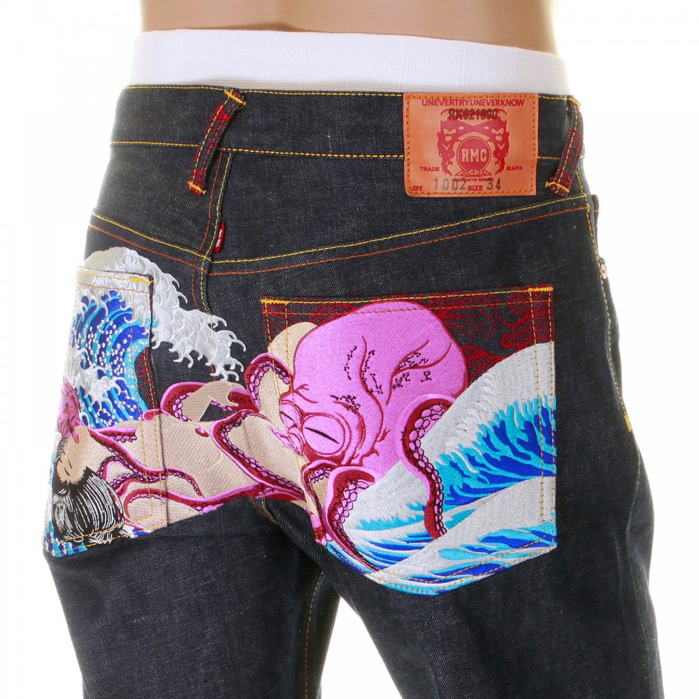 Octopus Embroidered Vintage Cut Dark Indigo Raw Denim Jeans