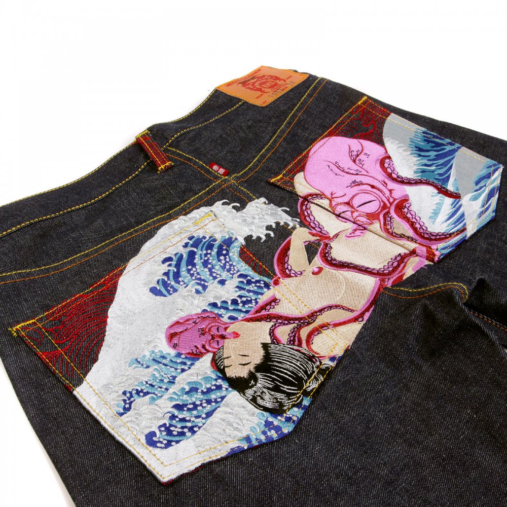 Octopus Embroidered Vintage Cut Dark Indigo Raw Denim Jeans