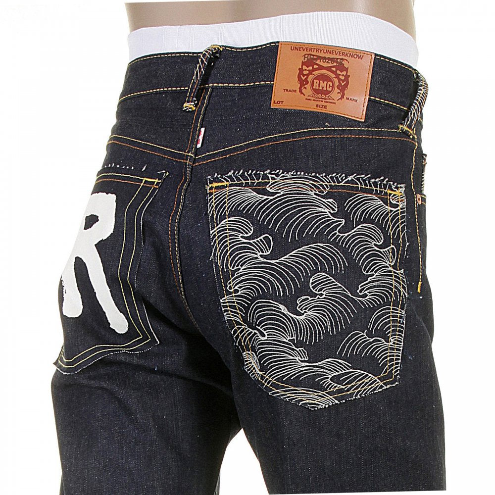 Rock N Roll Tsunami Wave Mens Slim Fit Dark Indigo Raw Denim Jeans