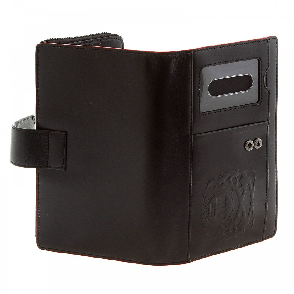 Unisex Black Leather Large Travel Wallet with Red Leather Trim