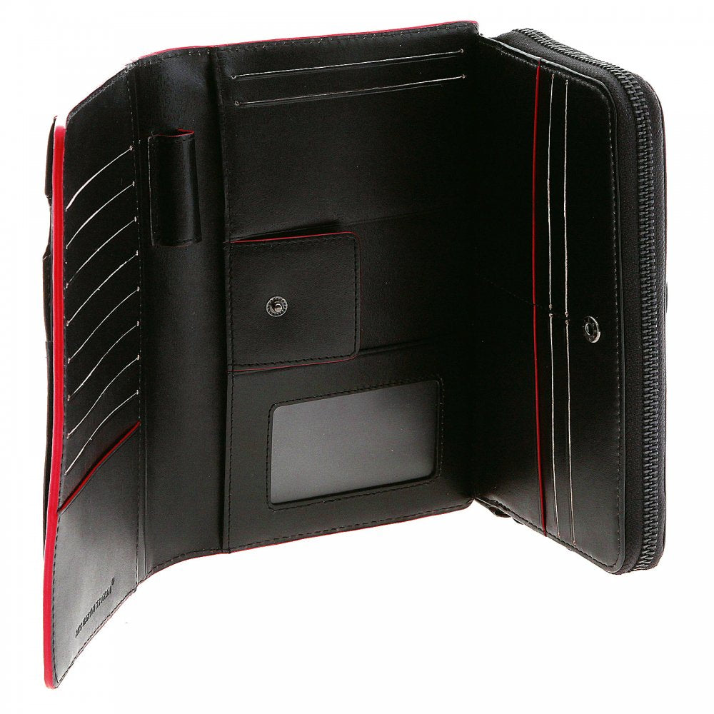 Unisex Black Leather Large Travel Wallet with Red Leather Trim