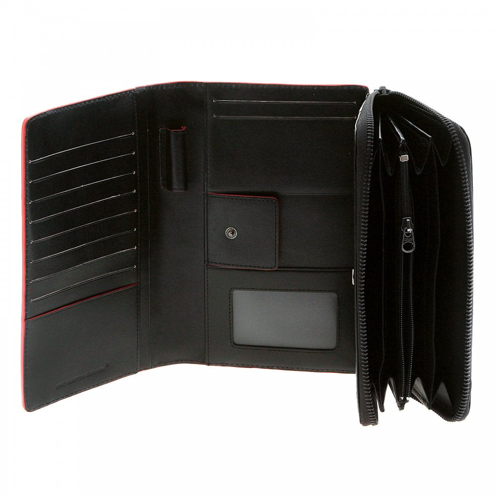 Unisex Black Leather Large Travel Wallet with Red Leather Trim