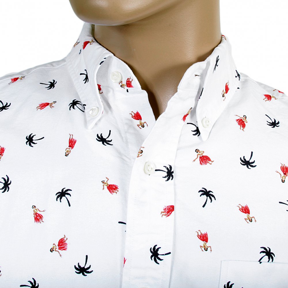 Button Down Collar Short Sleeve Off White Cotton Twill Regular Fit Oxford Shirt With Printed Aloha Hula Dancer SS34973