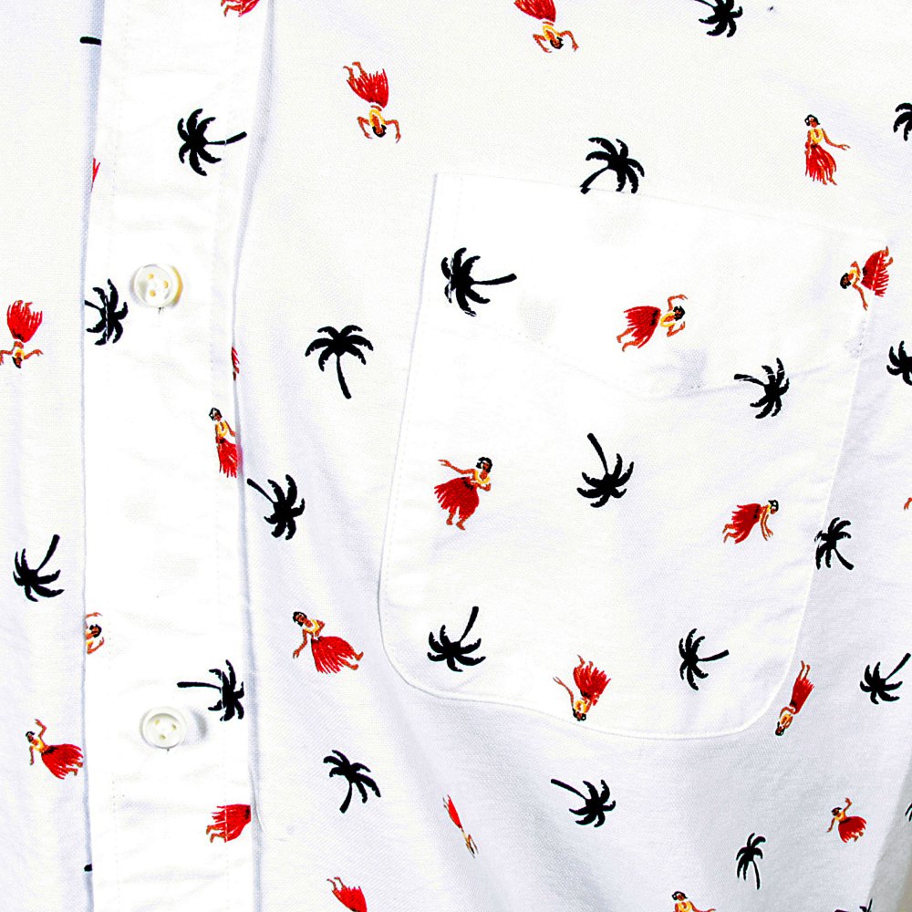 Button Down Collar Short Sleeve Off White Cotton Twill Regular Fit Oxford Shirt With Printed Aloha Hula Dancer SS34973