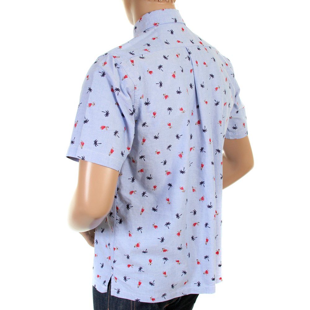 Button Down Collar Short Sleeve Light Blue Cotton Twill Regular Fit Oxford Shirt With Printed Aloha Hula Dancer SS34973