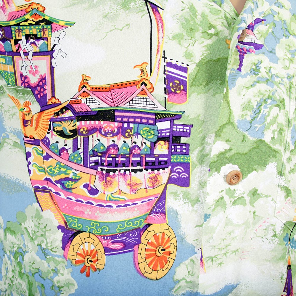 Regular Fit Short Sleeve Blue Rayon Cuban Collar Printed Gion Matsuri Hawaiian Shirt SS36431