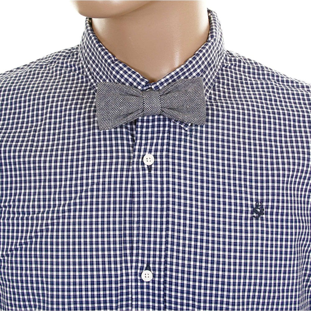 Navy and White Small Check Cotton Long Sleeve Regular Fit Shirt with Detachable Bow Tie
