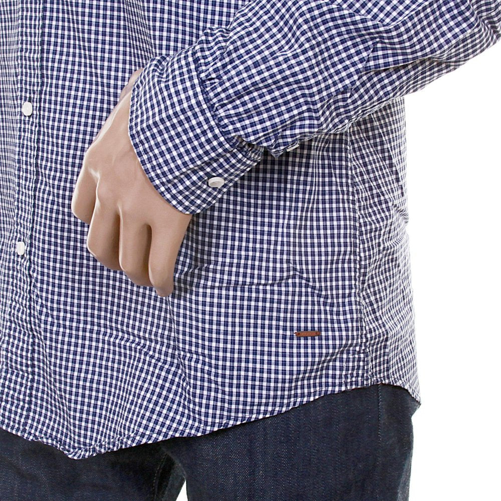 Navy and White Small Check Cotton Long Sleeve Regular Fit Shirt with Detachable Bow Tie