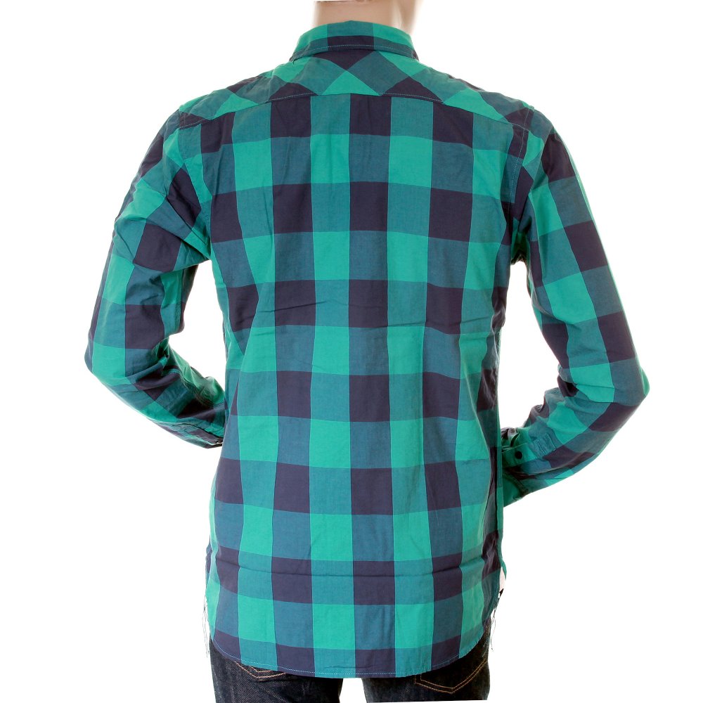 Mens Green and Blue Big Check Cotton Long Sleeve Regular Fit Shirt