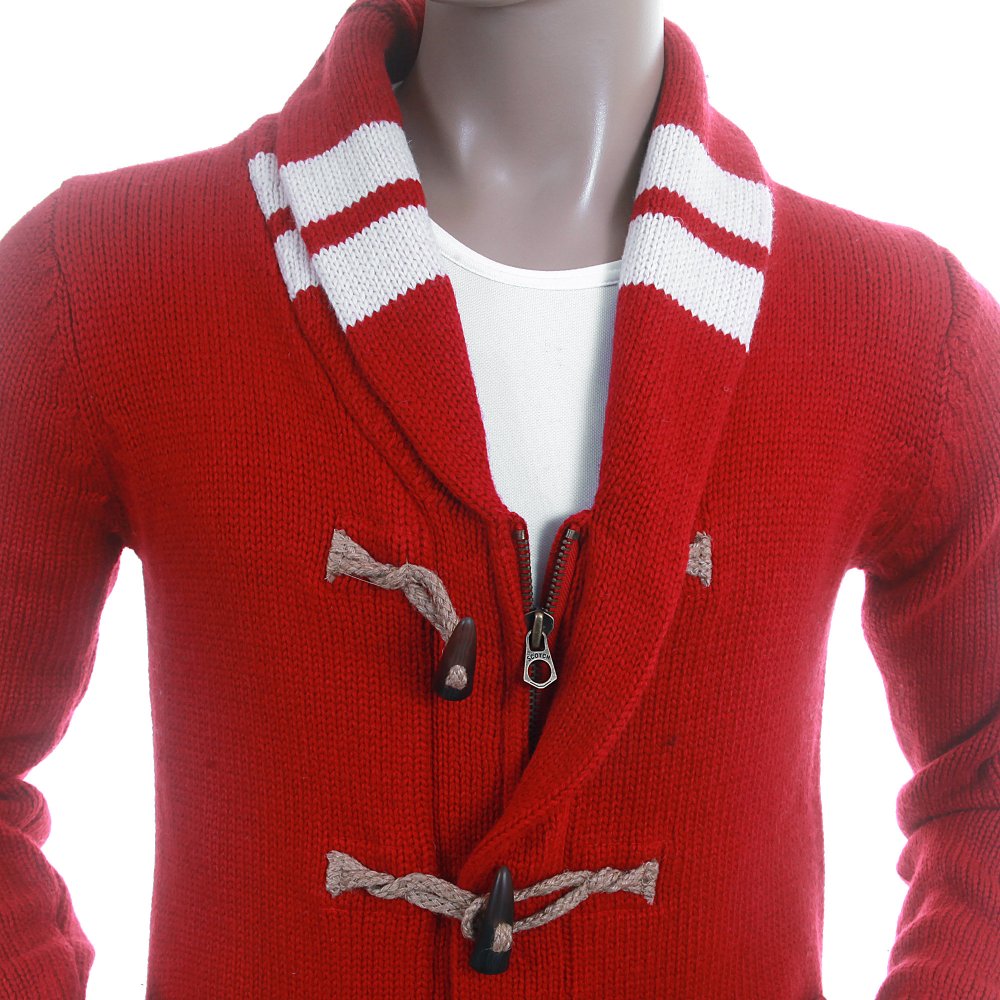 Red Zip Up and Toggle Front Shawl Collared Wool Mix Chunky Knit Cardigan Knitwear