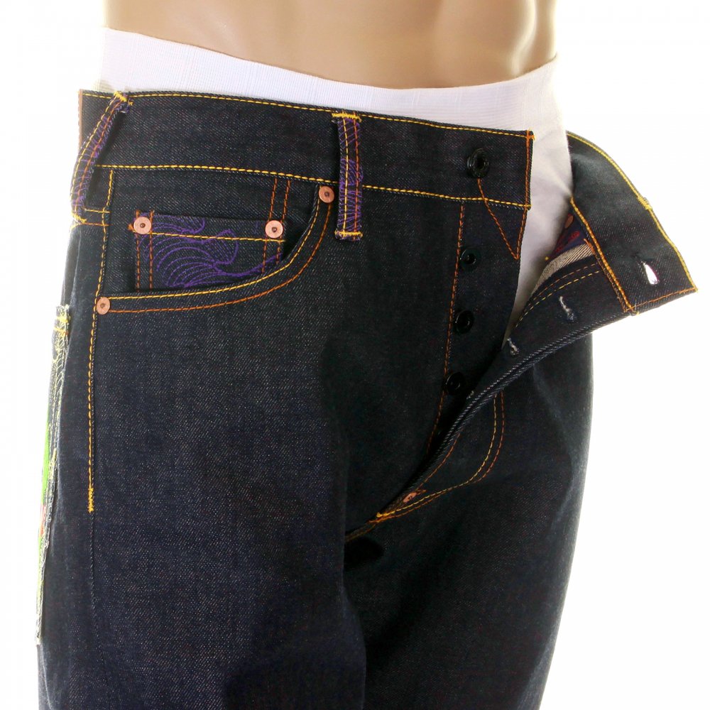 Super Exclusive Embroidered Design Vintage Cut Dark Indigo Raw Denim Jeans