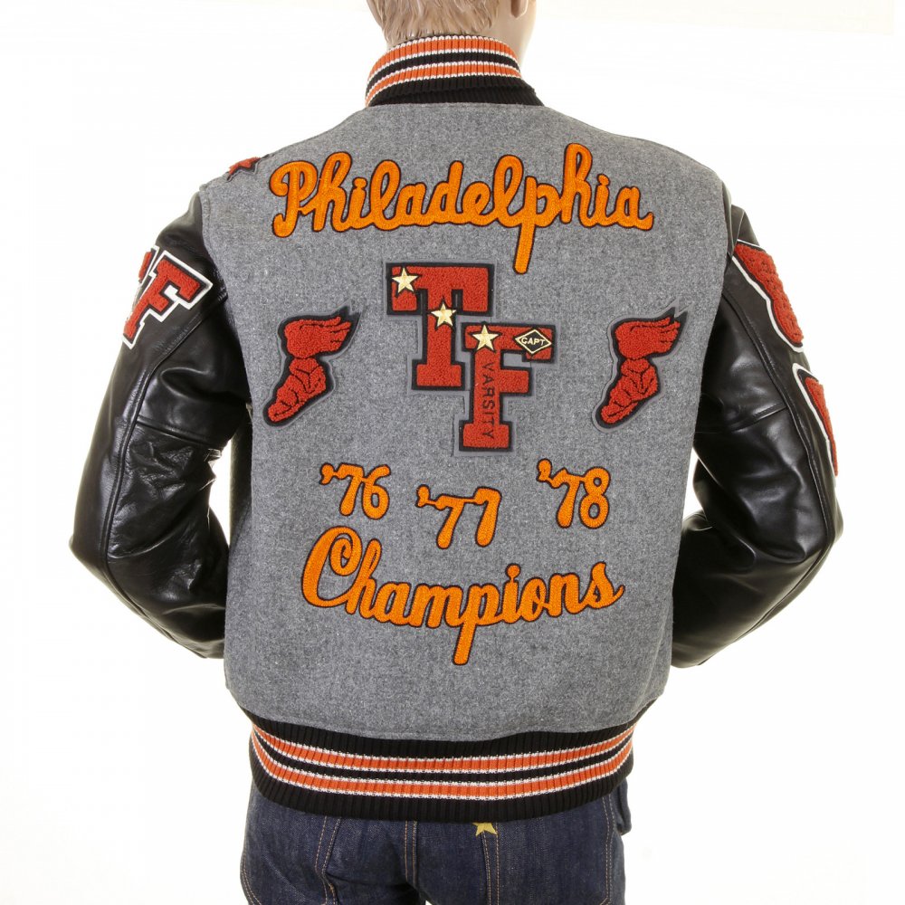 Mens Letterman Regular Fit Philadelphia Award Jacket with Melton Wool Grey Body and Black Leather Sleeves WV12310