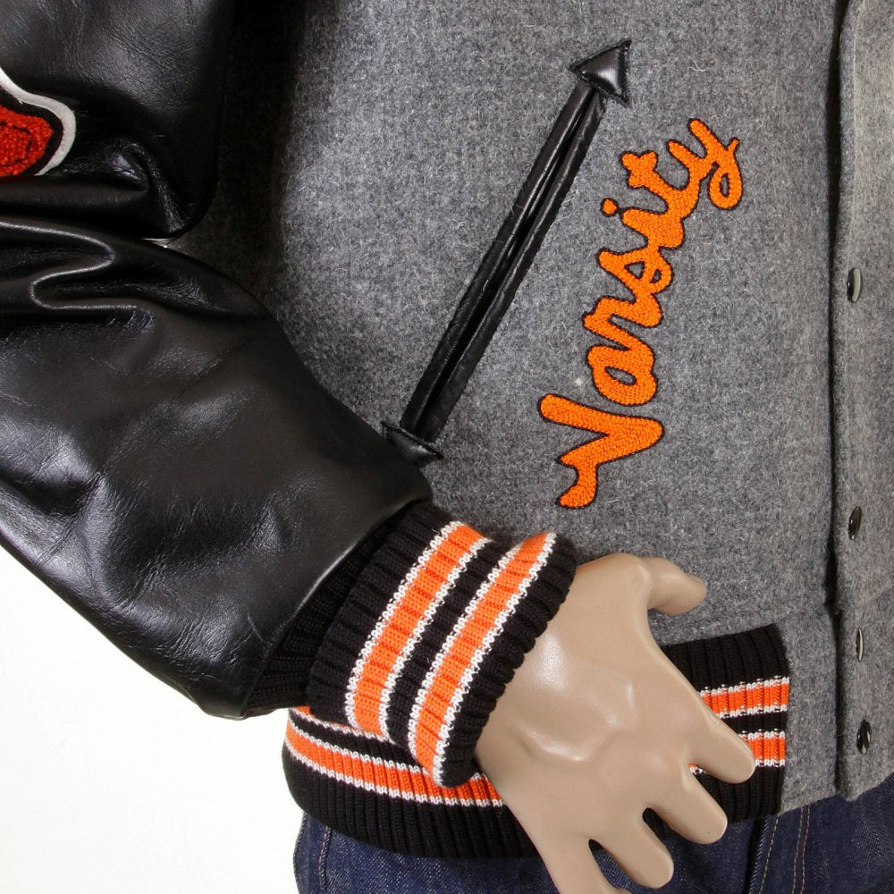Mens Letterman Regular Fit Philadelphia Award Jacket with Melton Wool Grey Body and Black Leather Sleeves WV12310