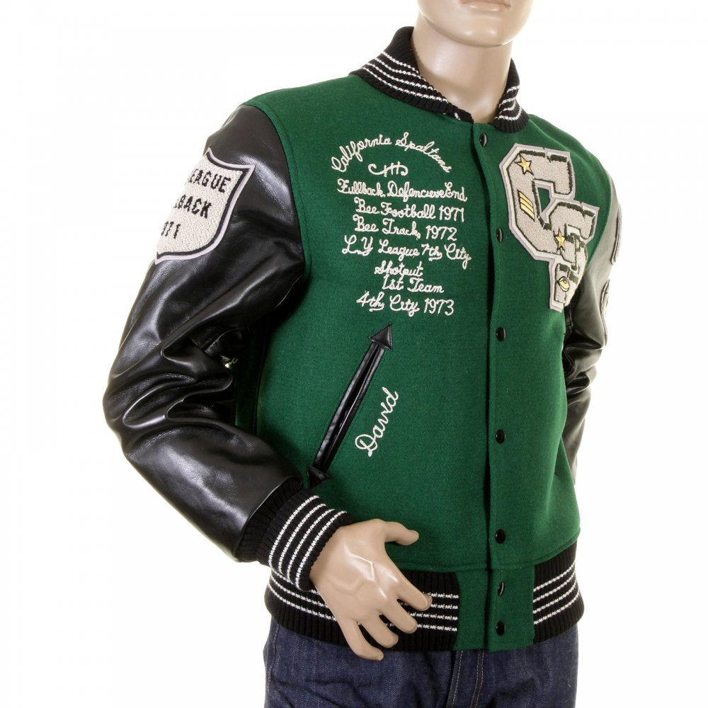 Mens Letterman Green Melton Wool Spartans Stadium Award Jacket with Black Leather Sleeves WV12310