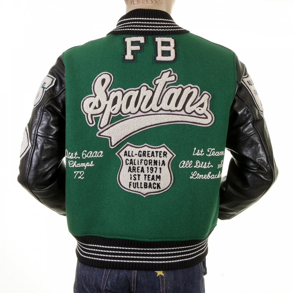 Mens Letterman Green Melton Wool Spartans Stadium Award Jacket with Black Leather Sleeves WV12310
