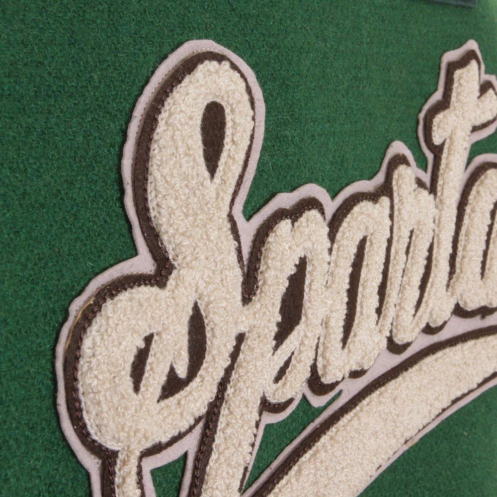 Mens Letterman Green Melton Wool Spartans Stadium Award Jacket with Black Leather Sleeves WV12310