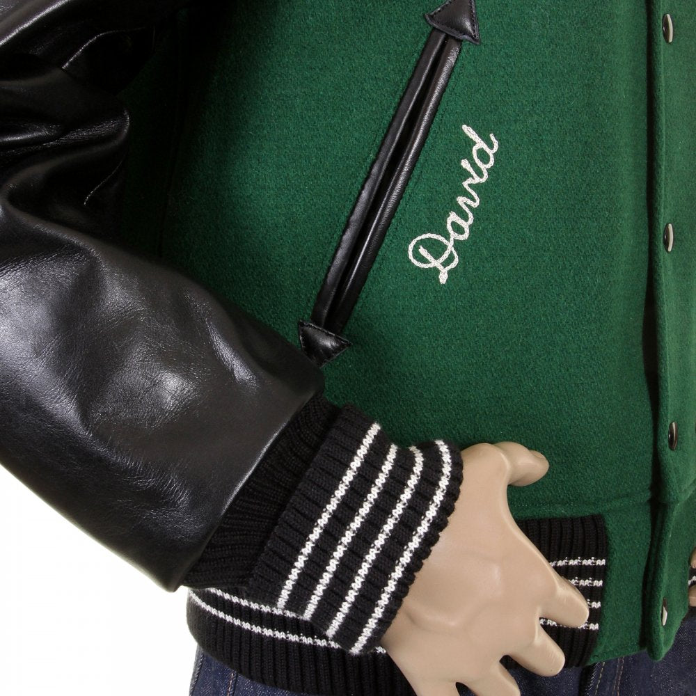Mens Letterman Green Melton Wool Spartans Stadium Award Jacket with Black Leather Sleeves WV12310