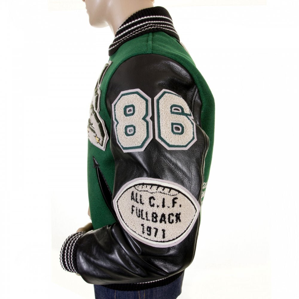 Mens Letterman Green Melton Wool Spartans Stadium Award Jacket with Black Leather Sleeves WV12310