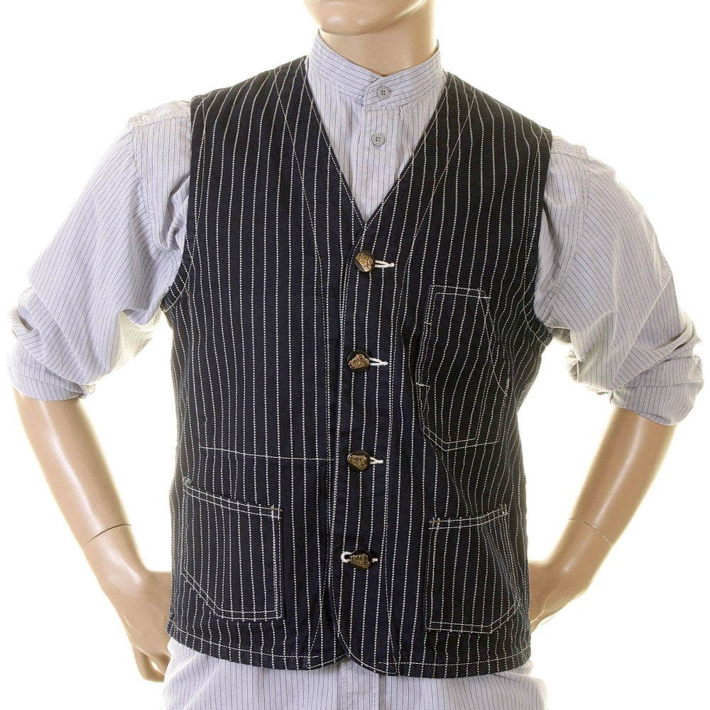 Mens Wabash Engineer Navy Dot Striped Vintage Cut Regular Fit Denim Waistcoat Work Vest SC12361A