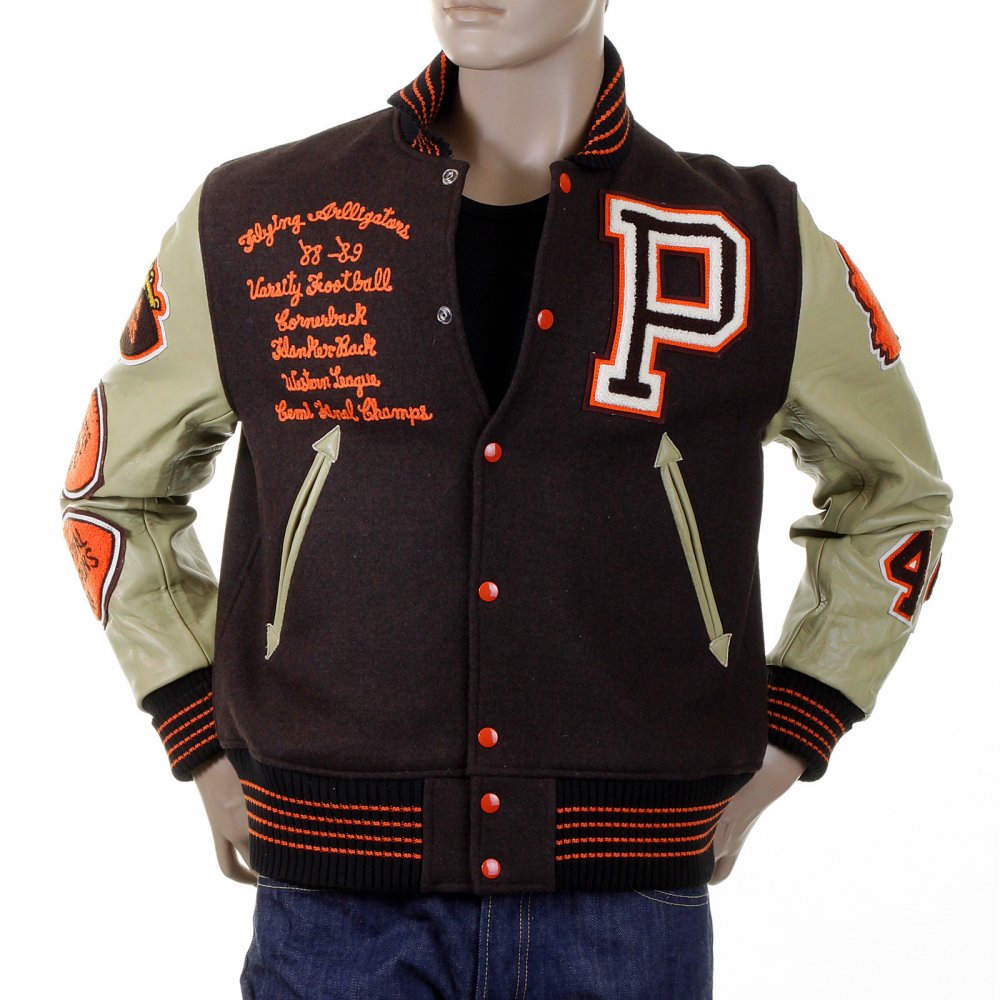 Mens Brown Melton Wool Regular Fit Stadium Flying Alligators Letterman Jacket with Long Dark Cream Leather Sleeves WV12077