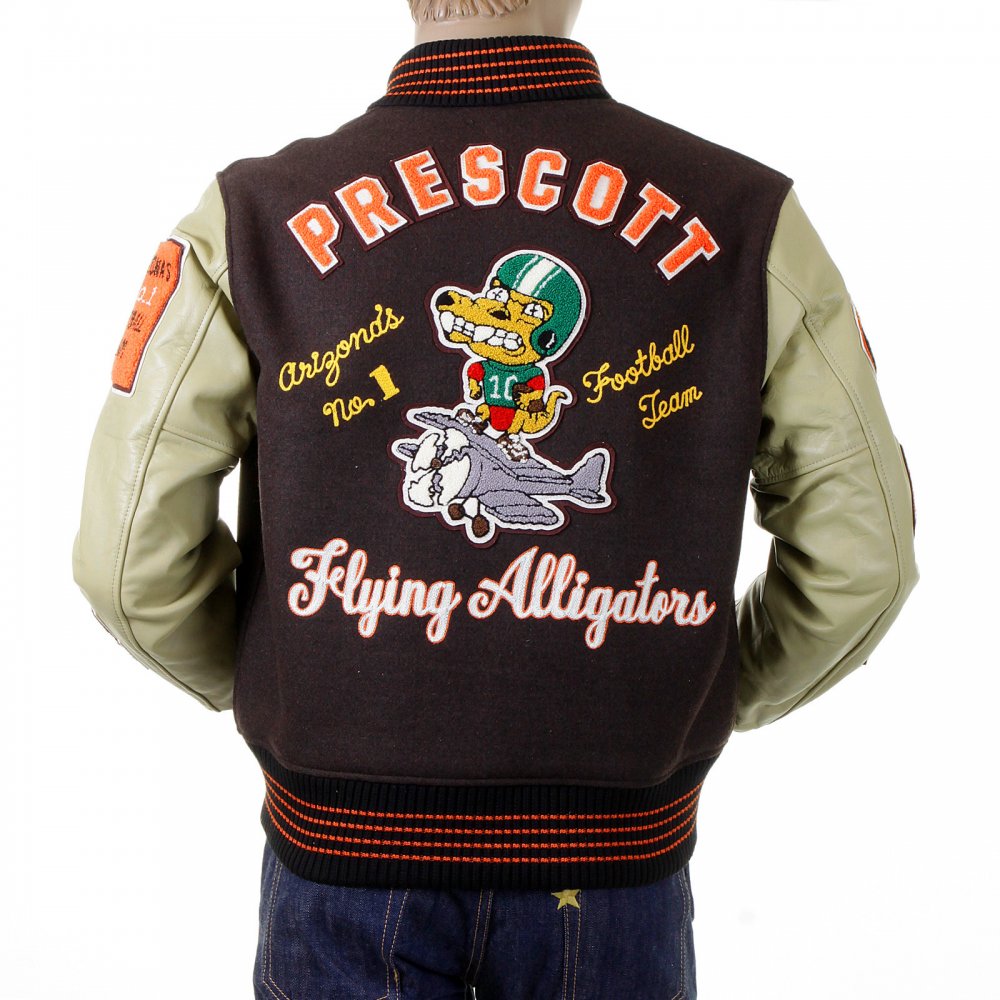 Mens Brown Melton Wool Regular Fit Stadium Flying Alligators Letterman Jacket with Long Dark Cream Leather Sleeves WV12077